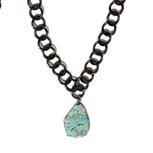 NEW - Handmade NYC Gunmetal Chain Necklace w Real Turquoise Gemstone Pendant 20”